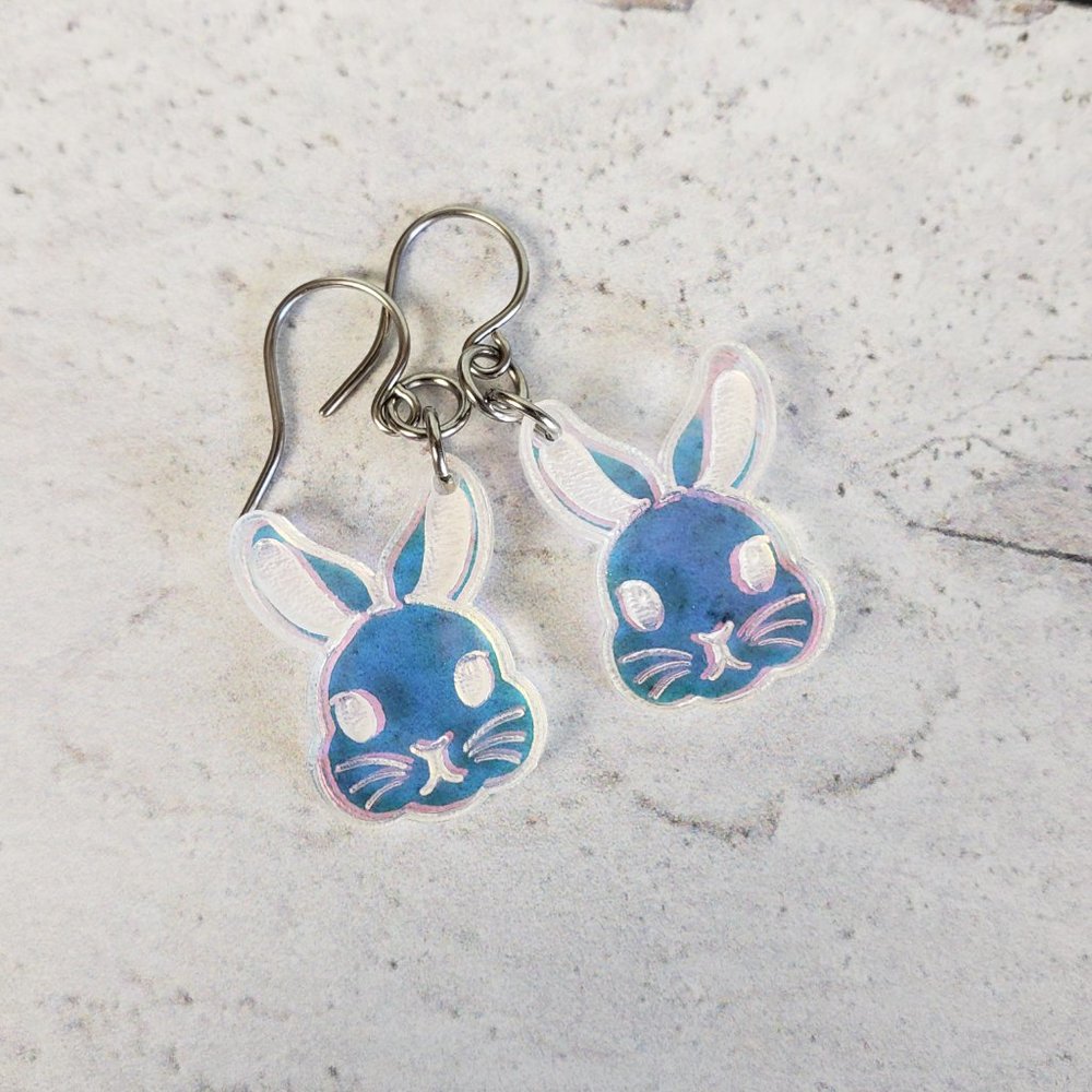 Small Bunny Dangle Earrings, Rainbow Iridescent Acrylic, Handmade